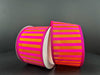 Two rolls of 2.5X10Y Fuchsia Satin-Orange Stripes/Orange Edge Ribbon (46426-40-19) rest on a dark surface, featuring a glossy texture and vibrant colors that create a striking contrast.