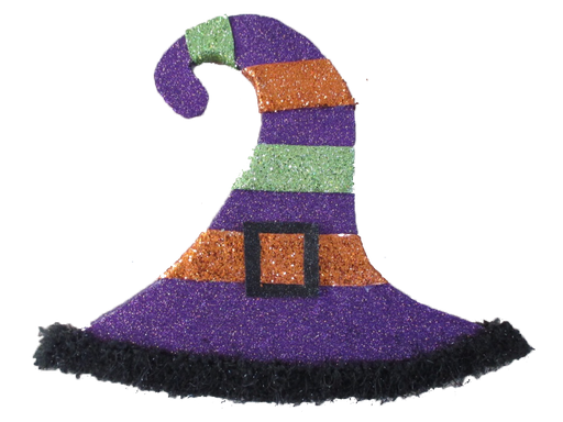 The 11 x 9.5 Purple Green and Orange Witch Hat Ornament (52187PUGNOR) features glittery stripes, a black buckle, fuzzy brim, and a curled point for a festive, playful touch.