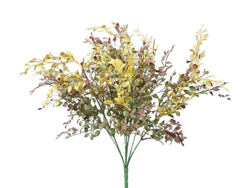 The 18 Plastic Grassy Bush with 7 stems in yellow and brown (56417YWBN) features colorful foliage and is pictured against a plain gray background.