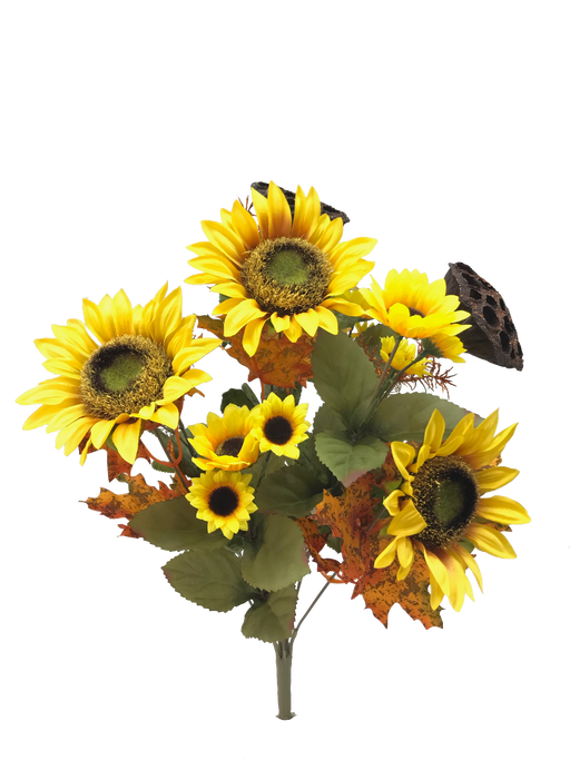The 20" Gold and Yellow Sunflower Lotus Pod Bush with 9 Stems (56449GDYW) shines vibrantly, exuding warmth and cheer.