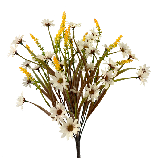 An 18 Daisy Filler Bush features 14 stems of cream daisies with dark centers and small yellow flowers with green stems against a black background, enhancing its natural, rustic appeal.