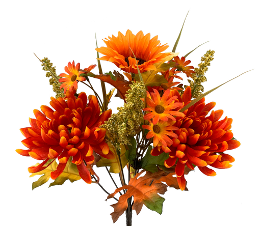 The 13 Orange Mum Sunflower Bush (56690OR) features 10 stems of sunflowers, chrysanthemums, and daisies vibrant with orange and red hues. Accented by green foliage and autumn leaves, this lush arrangement brings a rich floral gradient to any setting.