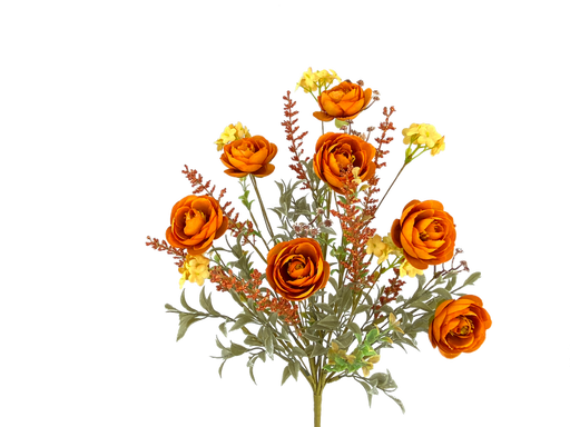Against a plain white background, the vibrant 21 Orange Ranunculus Filler Bush (56880OR) features orange and yellow flowers, with lush green leaves completing this exquisite display.