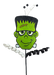 Introducing the 26" Green Frankie Pick 56961GN: a festive Halloween decoration showcasing a cartoonish, smiling green monster face complete with big eyes, a stitched forehead, and side bolts. The design is accentuated by its black felt top adorned with curled white and black ribbons extending from the back, adding an element of spooky charm.