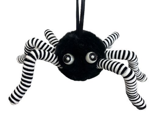 The 5 by 15 Black Faux Fur Spider (56968BK) features a round, fuzzy black body, shiny eyes, and long black-and-white striped legs on a hanging string—perfect for adding spooky charm to your décor.