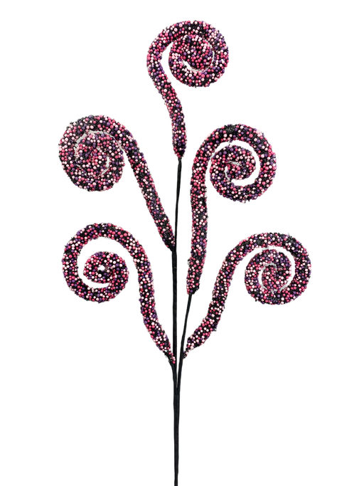 A decorative arrangement showcases the 28" Spiral Curly Spray with 3 Stems in Pink and Purple (Product ID: 56985PKPU), set against a black background. Its elegant stems display five spirals, with four gracefully curving outward and one at the center extending upward, forming a striking centerpiece.