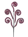 A decorative arrangement showcases the 28" Spiral Curly Spray with 3 Stems in Pink and Purple (Product ID: 56985PKPU), set against a black background. Its elegant stems display five spirals, with four gracefully curving outward and one at the center extending upward, forming a striking centerpiece.