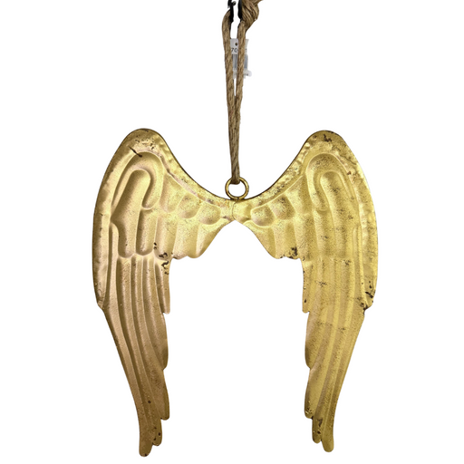 The 11 by 13 Antique Gold Distressed Metal Angel Wings (570501) feature feather-like patterns, weathered edges, and hang by a brown string for a charming vintage look.