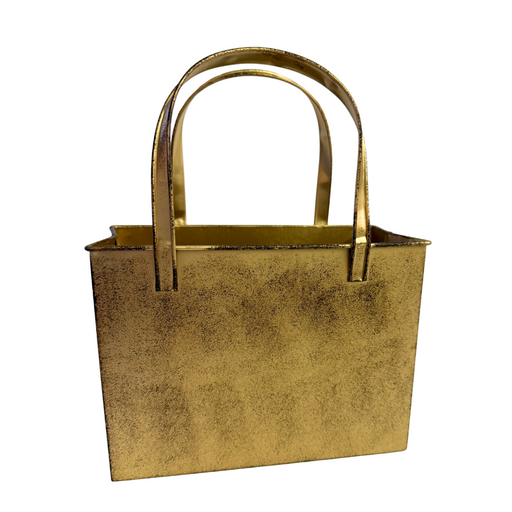 The 10 x 8 x 4 Antique Gold Distressed Metal Tote Bag (570505) features a rectangular shape, two matching handles, and a metallic finish. Photographed against a plain white background.