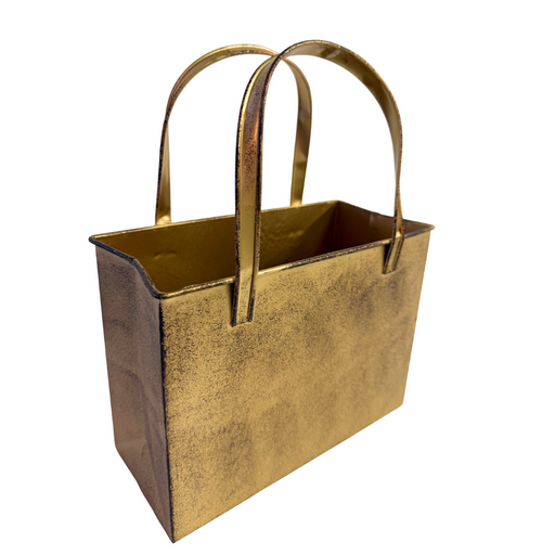 A 10 x 8 x 4 Antique Gold Distressed Metal Tote Bag (570505) with two handles, shown against a white background.