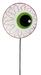 A whimsical, oversized Halloween Eyeball Spray measuring 21 inches by 7 inches is mounted on a black stick. This eerie decoration features an eye with a green iris, a large black pupil accentuated by a white highlight, and prominent red veins coursing through the white sclera. Ideal for spooky Halloween decor or as an eerie addition to your setup.