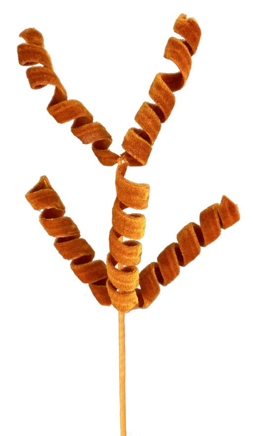 The 16 Orange Frizzy Curly Pick with 5 Stems (57063OR) features spiral-shaped orange branches displayed on a solid black background.