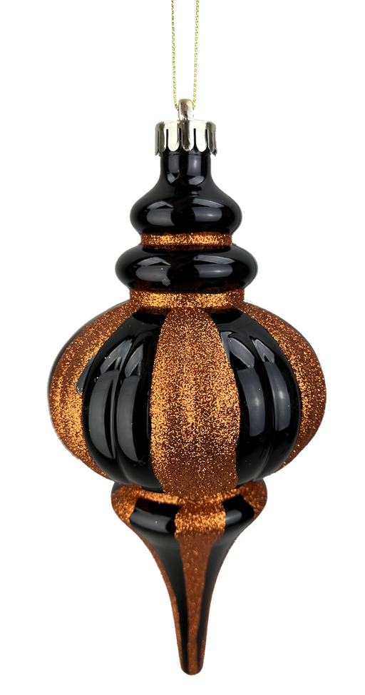 The H10xDIA4.5 Black and Orange Drop-Shape Ornament 57066BKOR features orange glittery stripes, a bulbous center, pointed bottom, and hangs by a gold string—adding festive flair as a striking decoration for your holiday tree.