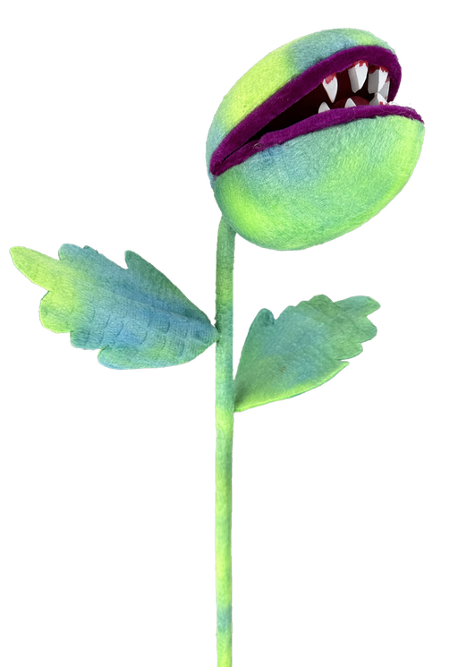 A 23 x 5 green carnivorous plant stem (57085GN) featuring a thick stem, large leaves, and a round head with an open mouth lined with sharp white teeth.