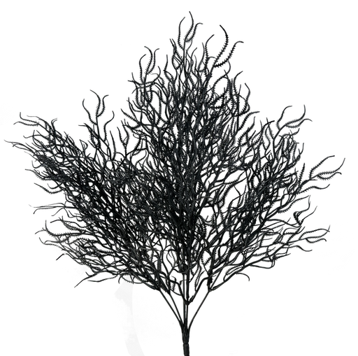 The 25" Black Cottonil Seaweed Bush with 5 Stems (57097BK) features dark, intricately branched stems that extend outward like a large, delicate fan. Its black color stands out against a light background, showcasing its detailed and complex structure reminiscent of an underwater bush.