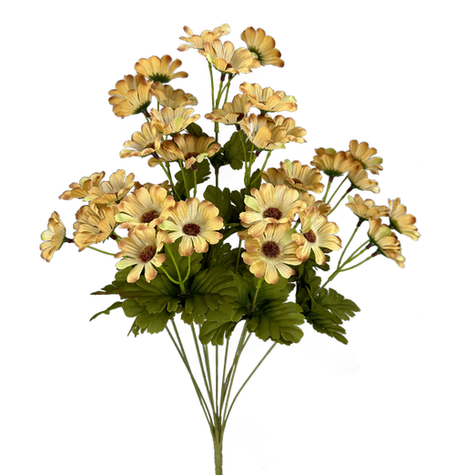 The 20 Beige Daisy Bush with 11 Stems (57112BE) features light yellow daisies with dark centers and lush green leaves, creating a vivid floral arrangement that blooms beautifully.