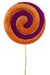 The Hot Pink and Orange Lollipop Spray 57115BTOR is a 23 by 8 plush toy featuring a vibrant swirl design in orange and purple with a golden outline, mounted on a thin gold stick for an eye-catching display.