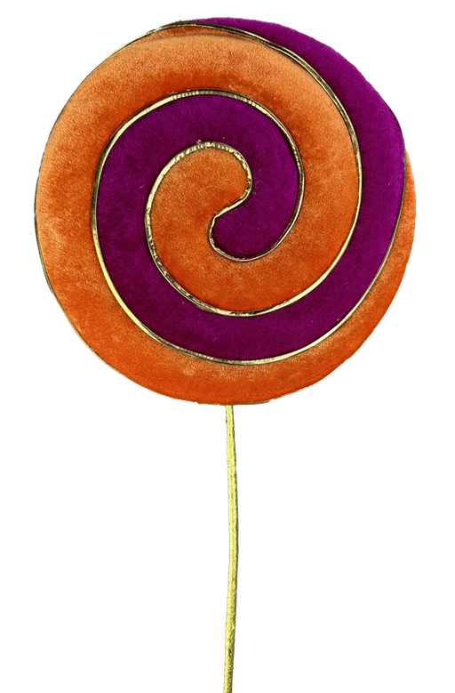 The Hot Pink and Orange Lollipop Spray 57115BTOR is a 23 by 8 plush toy featuring a vibrant swirl design in orange and purple with a golden outline, mounted on a thin gold stick for an eye-catching display.