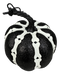 The 6 by 6.5 Black and White Décor Skeleton Pumpkin 57121BKWT features a black glittery finish, vertical white bone shapes, and a twisted black stem—an eye-catching Halloween décor piece.