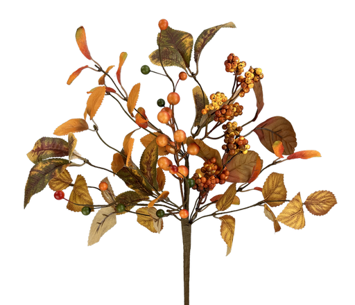 A beautifully crafted 16" Orange Berry with Leaves Pick 57161OR showcases an autumn-inspired display of orange and brown shades, complete with different leaf shapes and clusters of berries that perfectly embody the essence of fall.