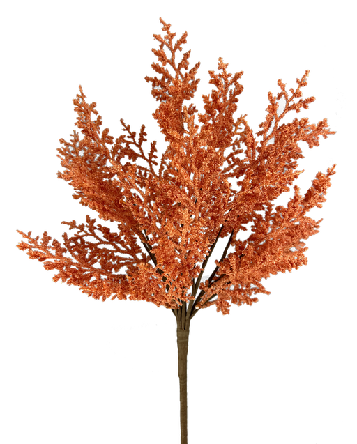 The 22 Orange Cedar Bush 57165OR features multiple stems with dense, small orange leaves that evoke autumn foliage, displayed against a white background.