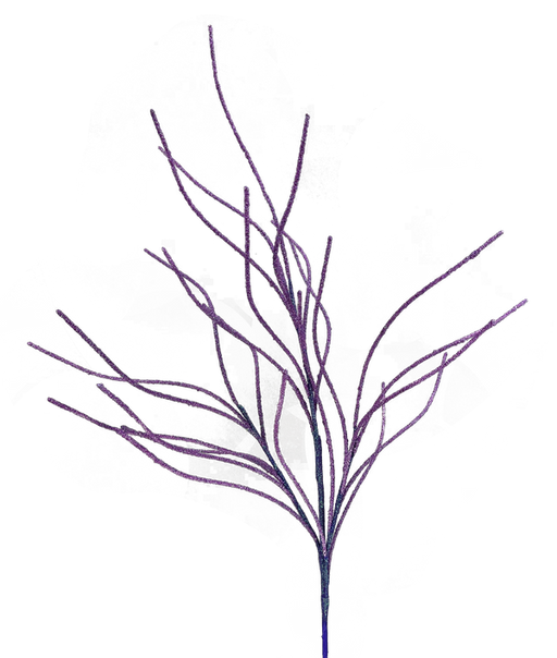 An array of complex, delicate purple branches extends against a black background, creating an abstract and artistic design. Similar to the 30" Purple Glitter Twig Spray 57169PU, certain branches are thin and elongated, radiating from a central point.