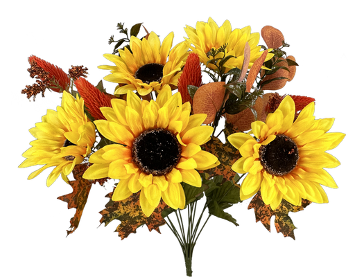 The 19" Gold and Yellow Sunflower Maple and Leaves Bush with 12 Stems (57186GDYW) features a vibrant array of sunflowers with large yellow petals and dark centers, beautifully complemented by small red and orange flowers. Lush green leaves complete this lively and colorful arrangement.
