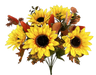 The 19" Gold and Yellow Sunflower Maple and Leaves Bush with 12 Stems (57186GDYW) features a vibrant array of sunflowers with large yellow petals and dark centers, beautifully complemented by small red and orange flowers. Lush green leaves complete this lively and colorful arrangement.