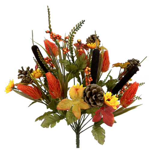 The 17 Fall Mix Berry Bush with 14 Stems (57187FA) features artificial autumn flowers and foliage, including orange and yellow blossoms, green leaves, pinecones, and berry sprigs.