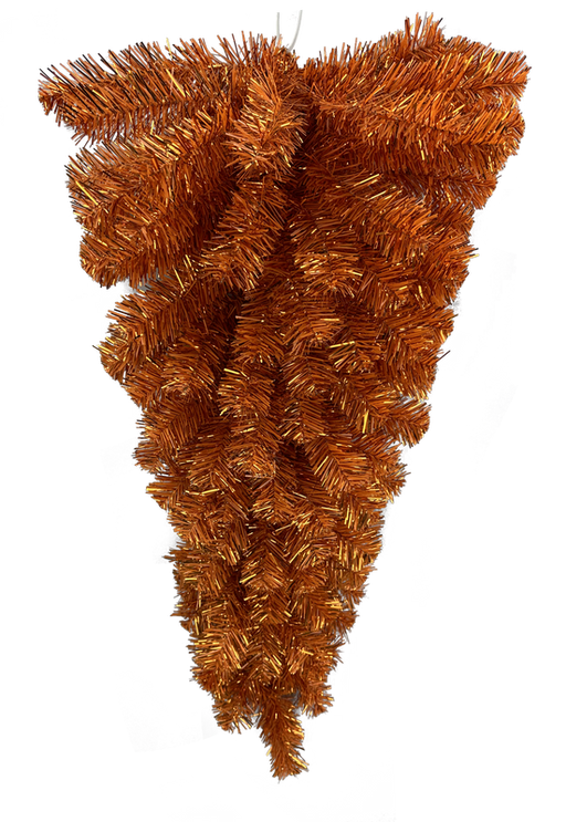 The 32" Orange Tinsel Teardrop 57196TE32 hangs artfully upside down, adding a unique twist to your festive decor.