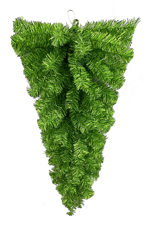 The 32 Green Tinsel Teardrop (57197TE32) is a hanging artificial greenery arrangement with lush pine branches in an upside-down triangle shape, ideal for festive decor.