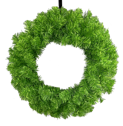 The 24 Green Tinsel Wreath (Product code: 57197WR24) features lush, textured foliage arranged in a symmetrical circle. Its soft, bright green appearance makes it ideal for festive or decorative use, with a plain backdrop that enhances its charm.