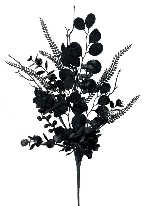 The 27 Black Hydrangea Berry Pick (57234BK) features dried flowers and foliage with varied leaf shapes and textures on a single stem, beautifully isolated on a transparent background.