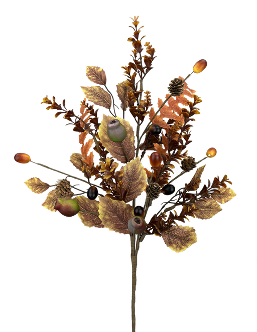 The 27 Pod Lvs Berry Spray (57238FA) features brown and gold pod leaves, small pine cones, berries, and acorns, arranged in a festive autumn bouquet for decorative displays.