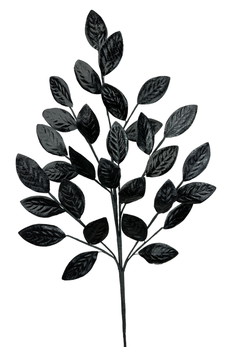The 30 Black Metallic Leaves Spray 57257BK features multiple dark, glossy leaves with metallic finish and prominent veins, each slightly textured, all showcased against a white background.