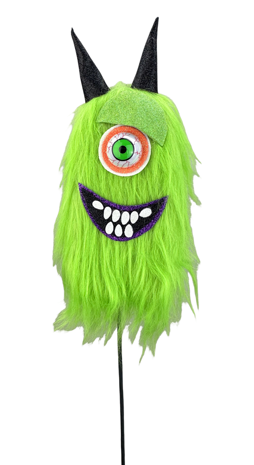 A fuzzy green monster mask inspired by the 24 x 5 x 3 Green Furry Monster Spray (57303GN) features one large eye, a wide purple mouth with white teeth, and two black horns.