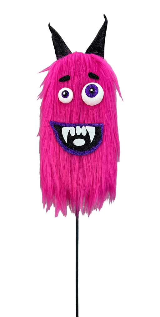 A fuzzy Hot Pink monster puppet with two black horns, wide eyes, and a big open mouth shows off its white teeth and fangs on a transparent background—perfect for capturing the fun vibe of the 24x5x3 Hot Pink Furry Monster Spray 57304BT!.