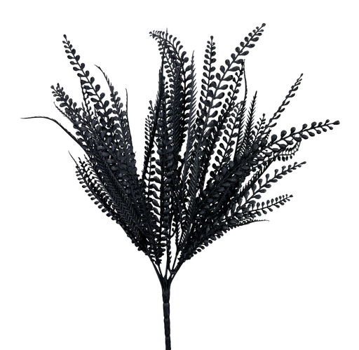A 20 Black Plastic Leaves Bush With 7 Stems (57314BK), featuring multiple fern-like leaves on each stem, isolated on a transparent background.