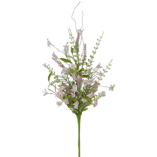The 23 Pink Lavender Berry Spray (60919-PK) is a delicate floral arrangement featuring tall greenery with tiny pink and white flowers, complemented by thin, wispy branches extending upwards and outwards for an airy feel against a plain white background.