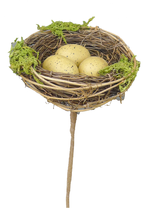 The 4.5 by 4.5 by 10 Natural Birdnest with Egg Pick (62333NAT) features a twig-and-green-moss nest cradling four speckled light brown eggs on a stick, capturing natures essence against a white background.