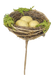 The 4.5 by 4.5 by 10 Natural Birdnest with Egg Pick (62333NAT) features a twig-and-green-moss nest cradling four speckled light brown eggs on a stick, capturing natures essence against a white background.