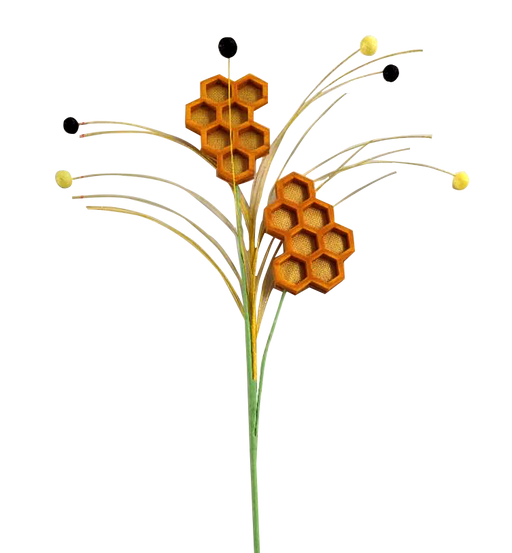 The 30" Yellow Honey Comb Spray 2 Stems (product code: 62925YW) showcases an elegant arrangement featuring two hexagonal honeycomb structures with slender stems, reminiscent of a floral bouquet. Delicate yellow and black spherical accents are artfully positioned at the tips of thin, curved strands.