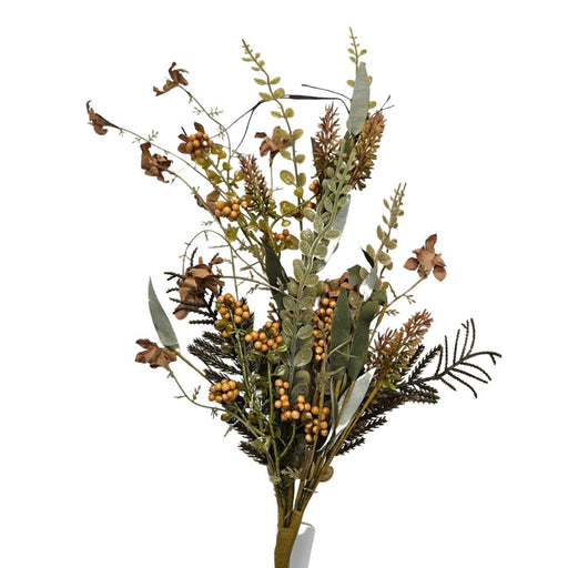A 24 long Beige Lavender Berry Spray (63048-BE) features artificial dried flowers, yellow berry accents, brown blossoms, and green fern-like foliage, arranged against a white background.