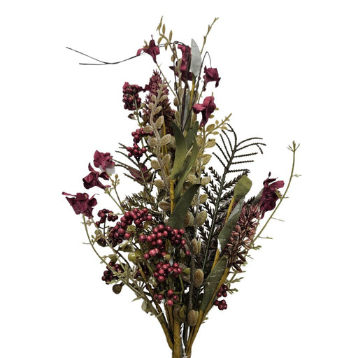 The 24 Burgundy Lavender Berry Spray 63048-BG features artificial burgundy blossoms, berry accents, green leaves, and fern-like branches, arranged against a white background.