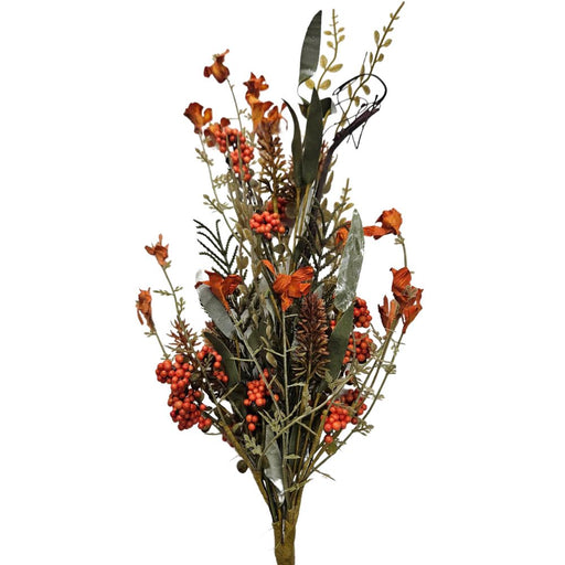 Add a unique touch to your seasonal display with the 24 Orange Lavender Berry Spray 63048-OR, featuring artificial autumn foliage, red berries, orange flowers, pinecones, and assorted green leaves on brown stems.