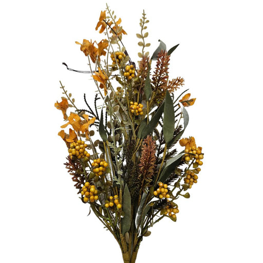 The 24 Yellow Lavender Berry Spray 63048-YEL features dried orange and yellow flowers, green leaves, gold berries, and a hint of berry spray. Its varied textures create a rustic, natural appearance.