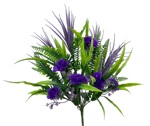 The 18 Purple Carnation Plastic Mix Bush 63162PU features 12 stems of bright purple carnations with lush green leaves and ferns, set against a plain white background.