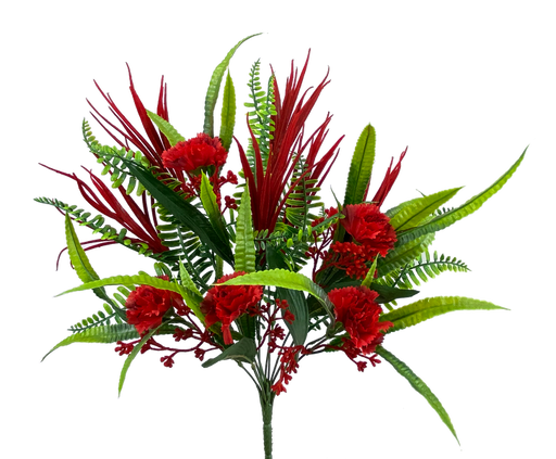 The 18 Red Carnation Plastic Mix Bush, featuring 12 stems (63162RD), combines vibrant red carnations with green leaves and ferns. The arrangements vivid red petals against the lush greenery ensure a striking visual impact.