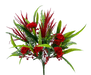 The 18 Red Carnation Plastic Mix Bush, featuring 12 stems (63162RD), combines vibrant red carnations with green leaves and ferns. The arrangements vivid red petals against the lush greenery ensure a striking visual impact.