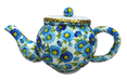 Meet the 6H x 10W Blue Tea Pot Ornament 63202BL, showcasing a vivid blue and yellow floral pattern on a white background. It boasts a gold-trimmed lid with matching floral designs on the spout and handle, ideal for adding charm to any space.